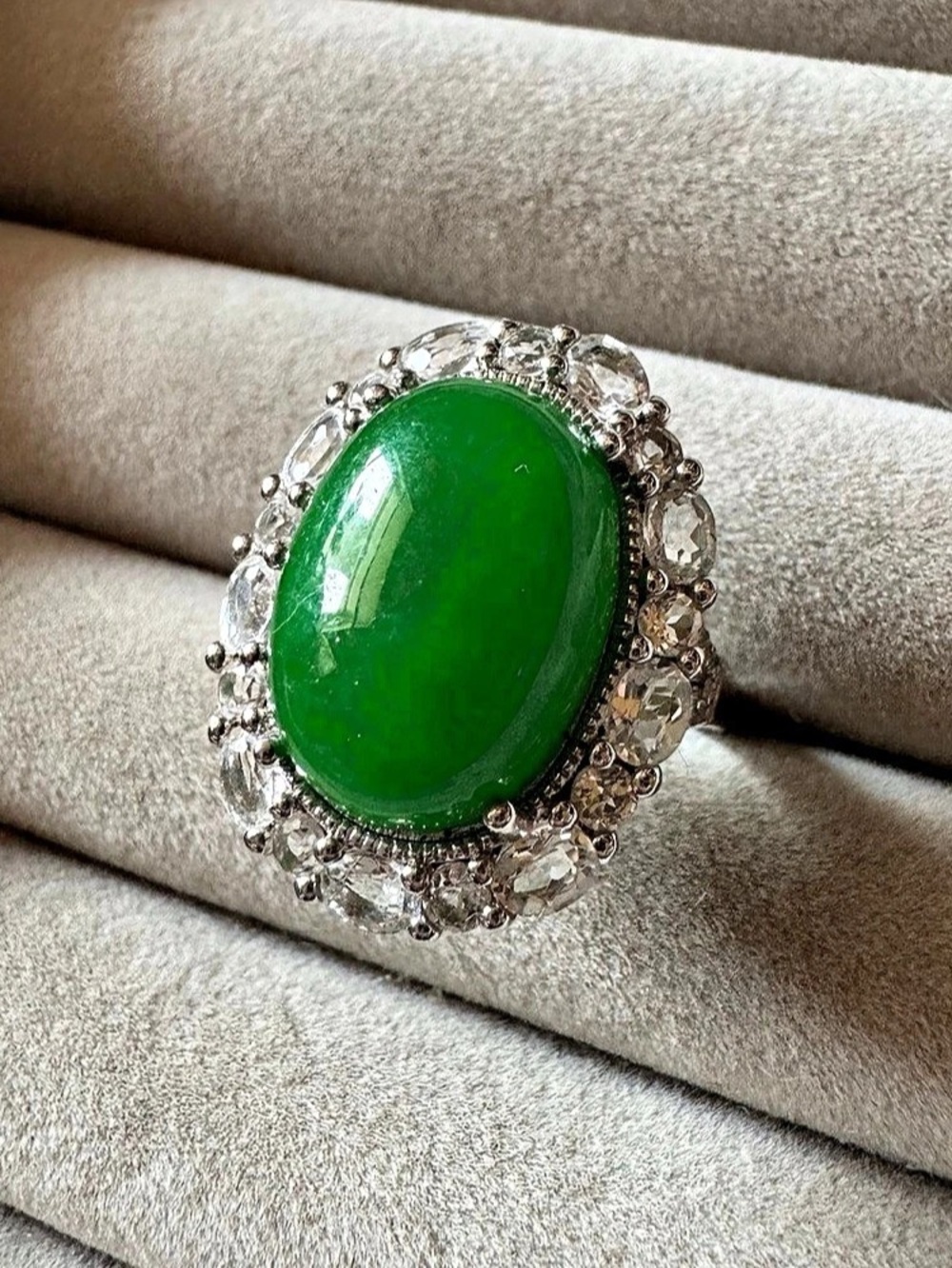 925 Sterling Silver Huge Green Oval Cabochon Clear Stone Halo Ring Size 8